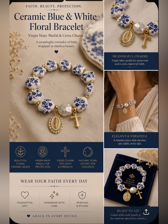 Jewelry - Ceramic bracelet blue & white floral beads Virgin Mary metal charm and cross